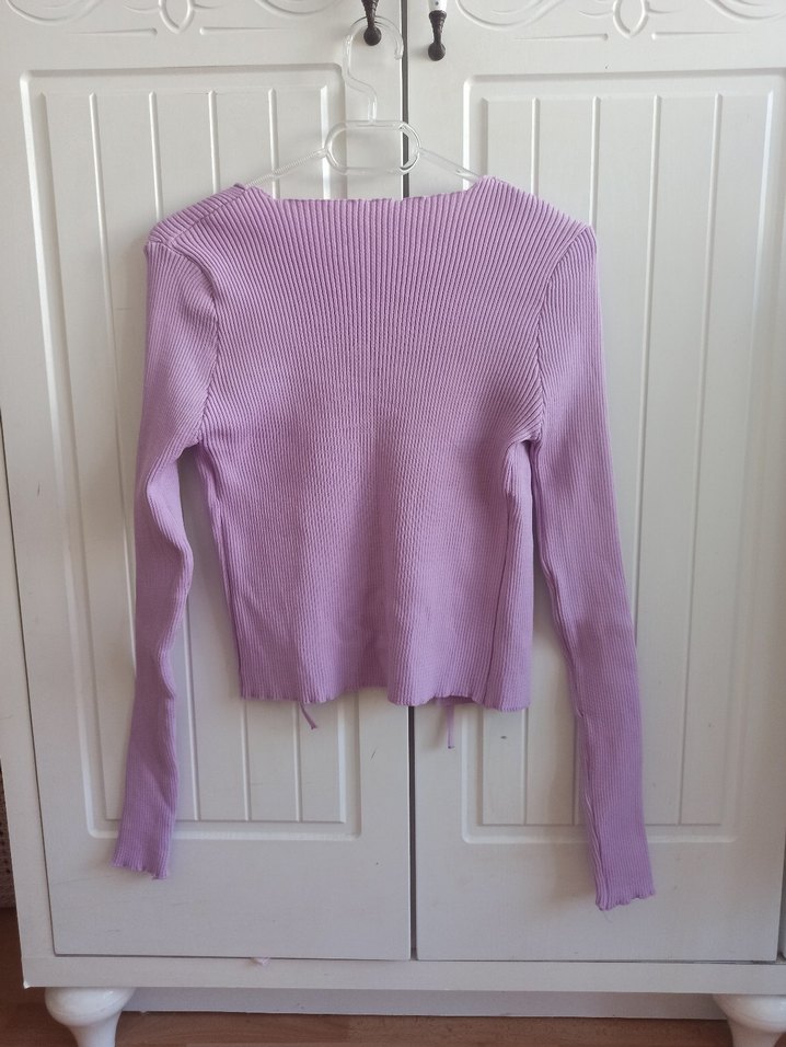 V Yaka Mor Triko bağlamalı Kadın Kazak hırka - Görsel 3