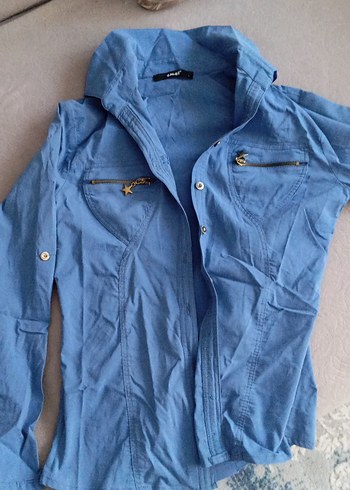 Düğmeli Mavi Denim Kadın Gömlek - Görsel 2