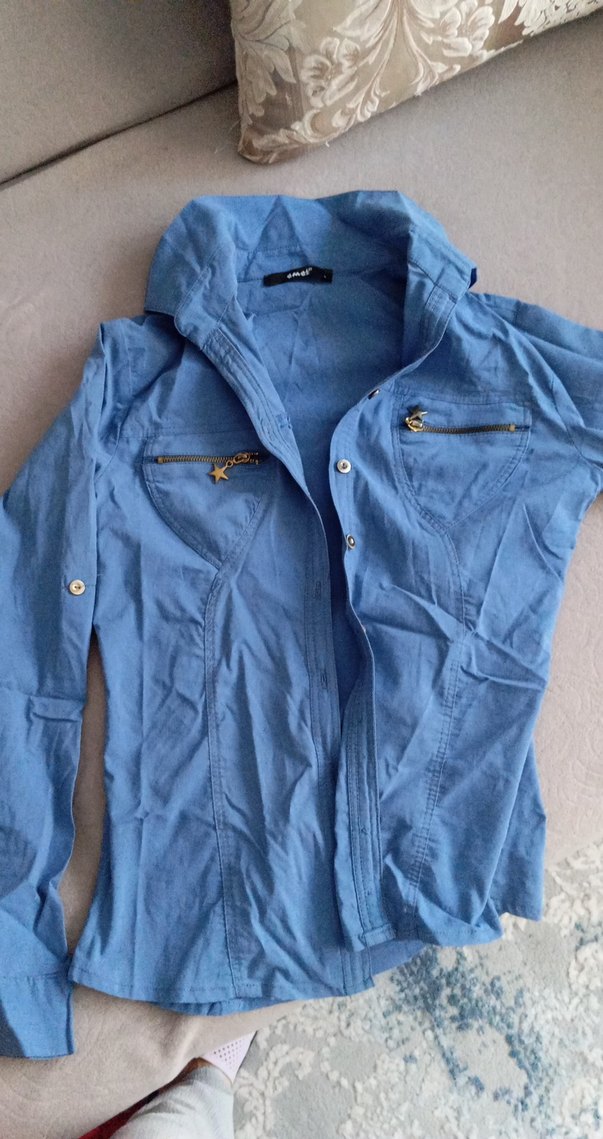 Düğmeli Mavi Denim Kadın Gömlek - Görsel 2