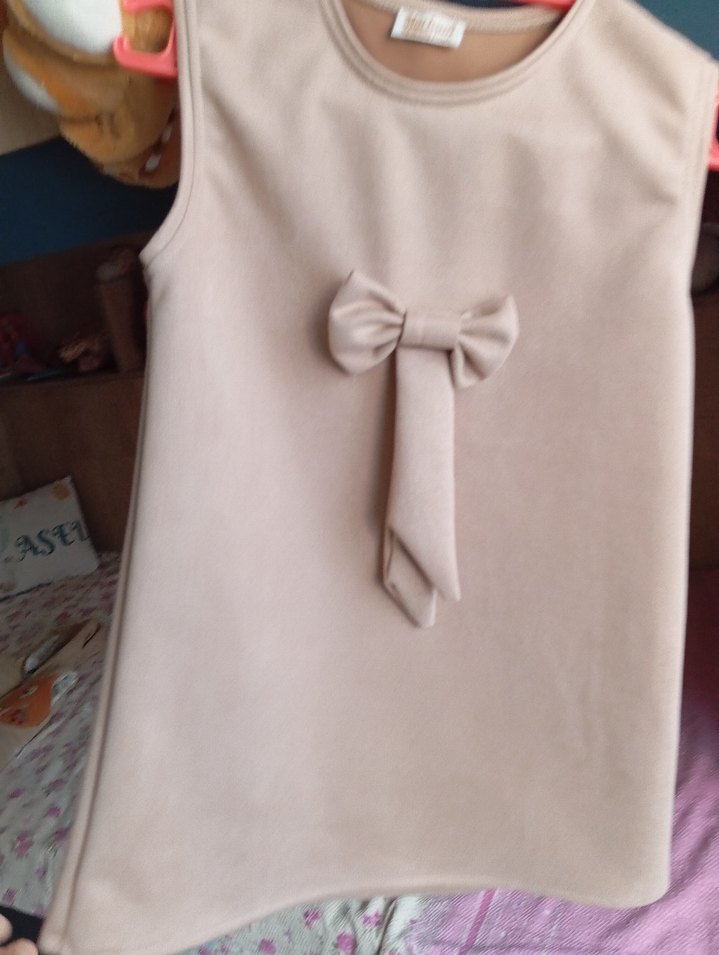 Kız Çocuk Krem Kolsuz Fiyonklu Elbise - Görsel 3