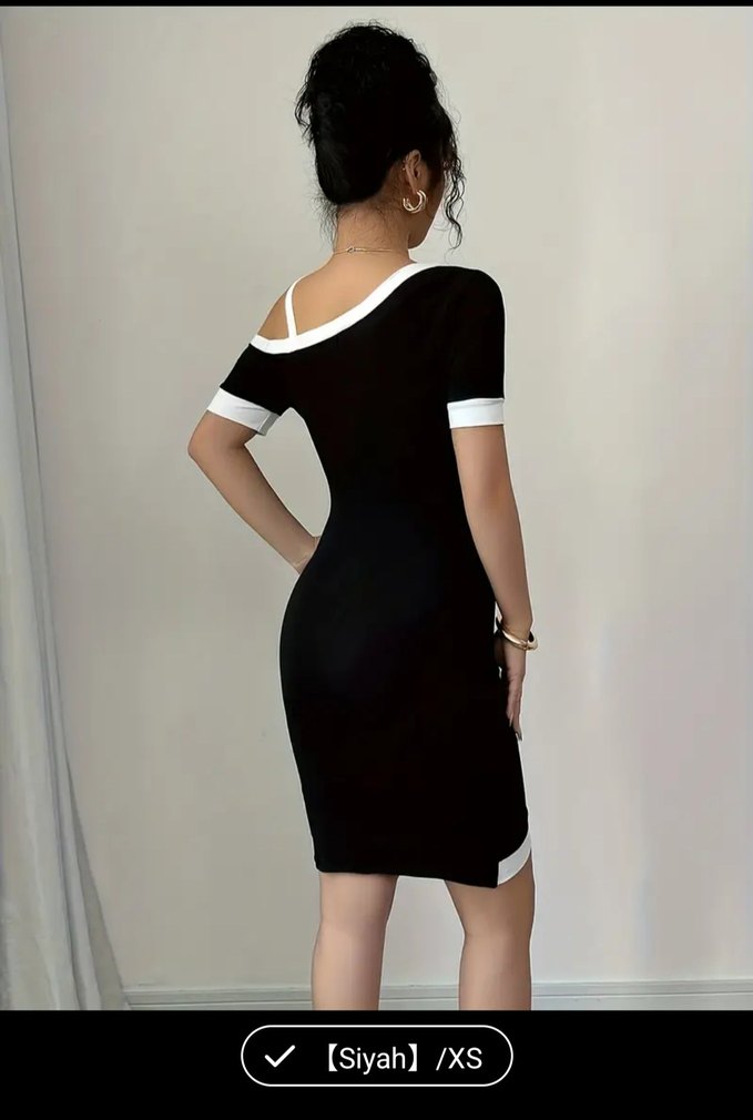 Siyah Asimetrik Mini Elbise - Görsel 2