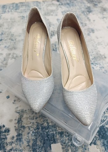 Beyaz Simli Blok Topuklu Kadın Abiye Ayakkabı - Görsel 2