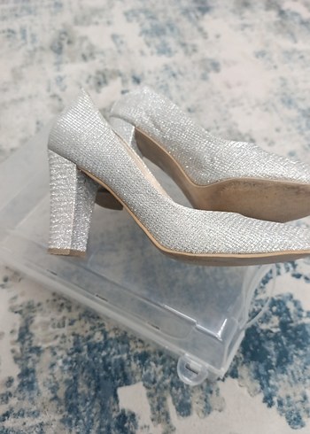 Beyaz Simli Blok Topuklu Kadın Abiye Ayakkabı - Görsel 3