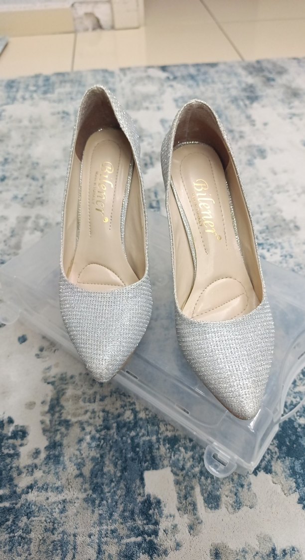 Beyaz Simli Blok Topuklu Kadın Abiye Ayakkabı - Görsel 2