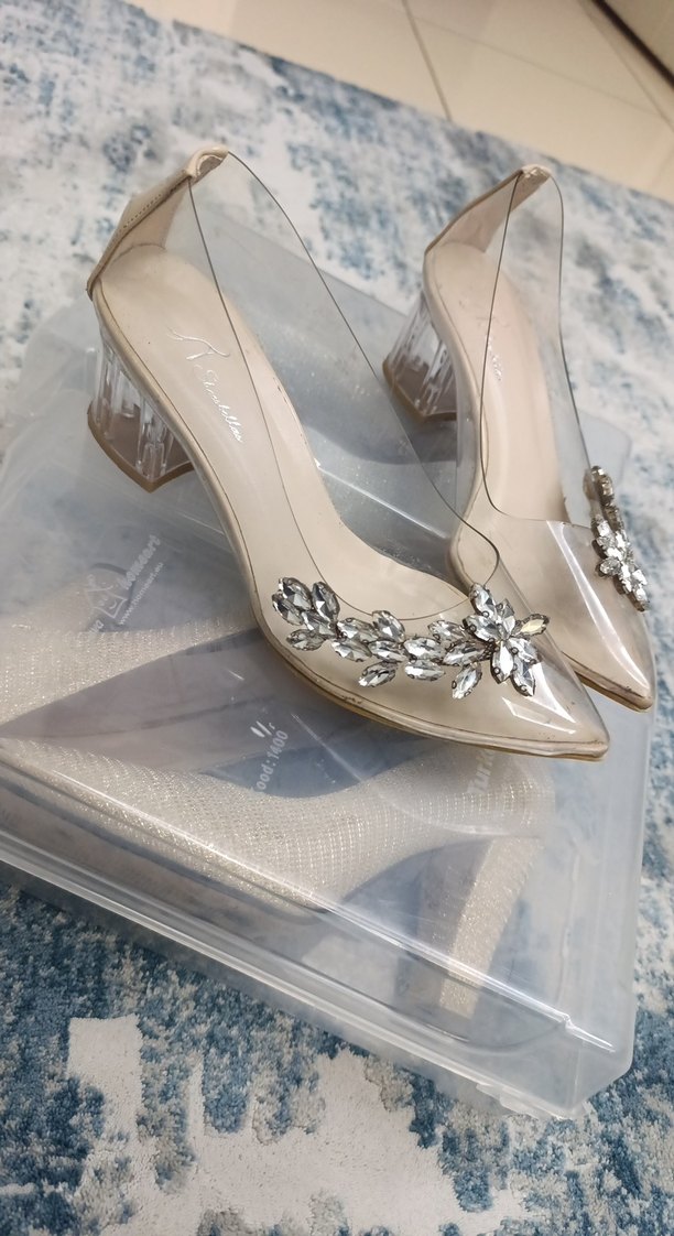 Bej Şeffaf Taşlı Yüksek Topuklu Abiye Ayakkabı - Görsel 2