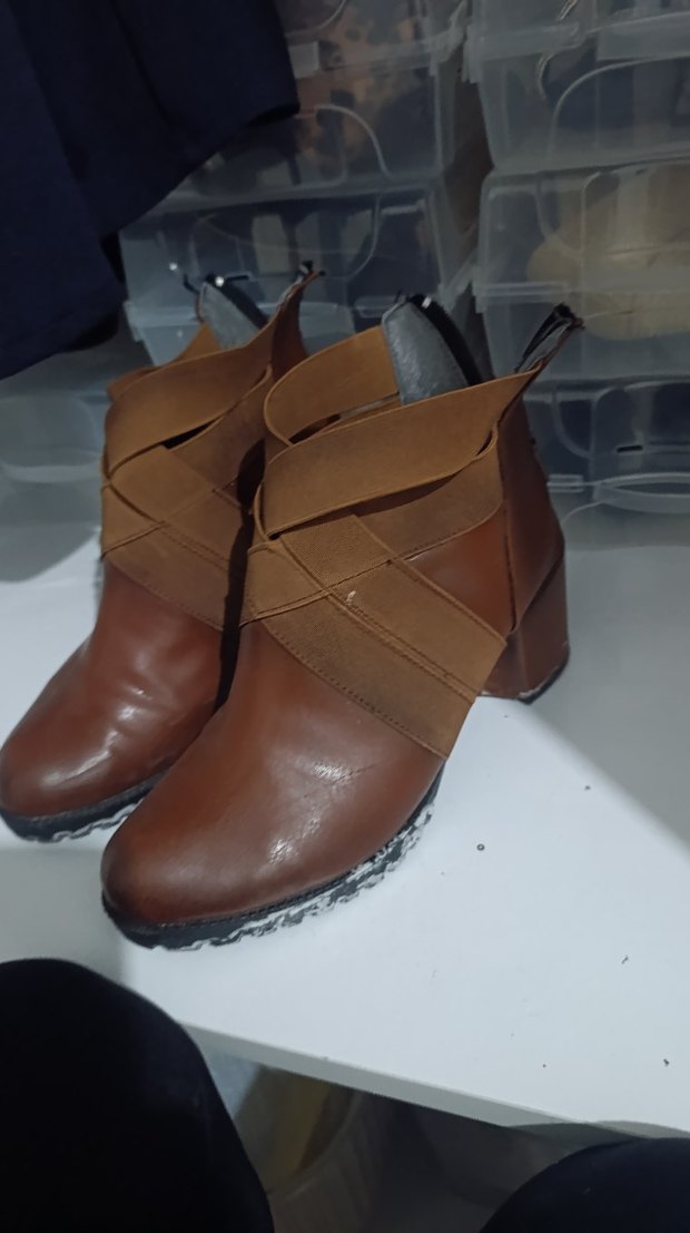 Kahverengi Deri Kadın Bot, Tokalı, Kalın Topuklu - Görsel 2