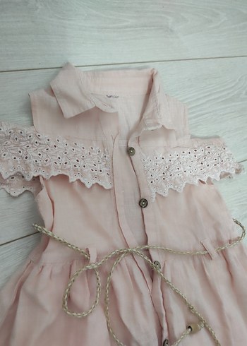 Pembe Dantelli Kız Çocuk Keten Elbise - Görsel 2