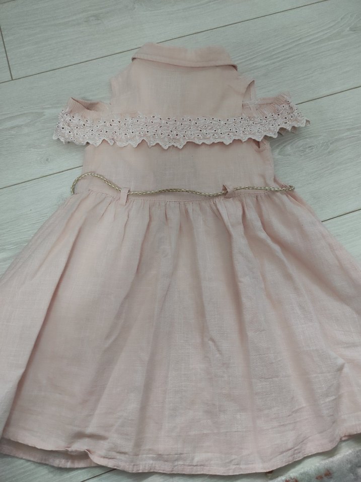 Pembe Dantelli Kız Çocuk Keten Elbise - Görsel 5