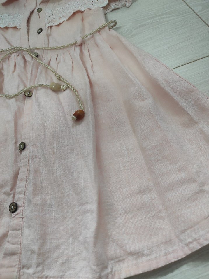 Pembe Dantelli Kız Çocuk Keten Elbise - Görsel 3