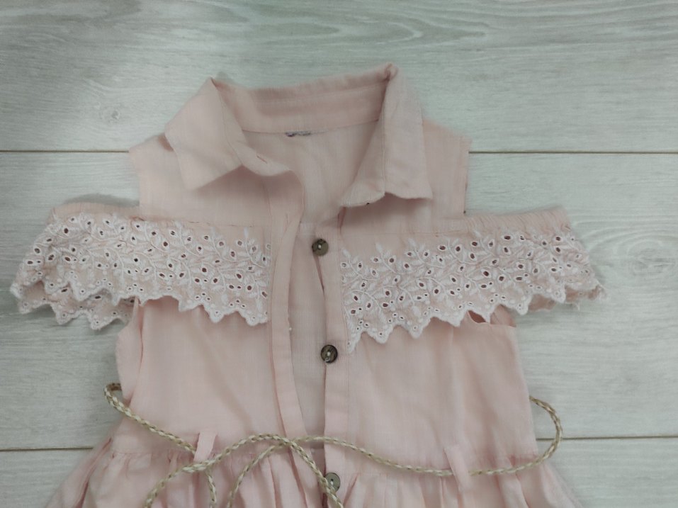 Pembe Dantelli Kız Çocuk Keten Elbise - Görsel 4