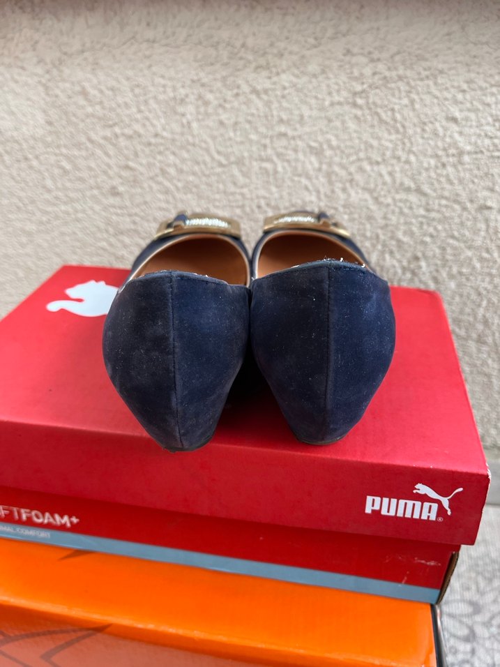 Kare Tokalı Lacivert Süet Topuklu Kadın Babet - Görsel 3