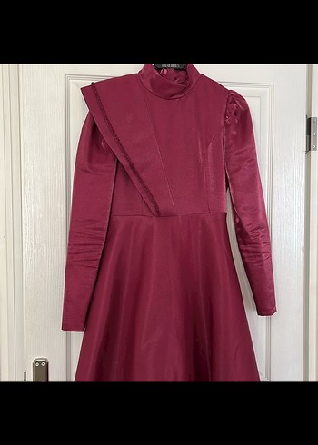 Bordo Uzun Kollu Drapeli Kadın Elbise - Görsel 2