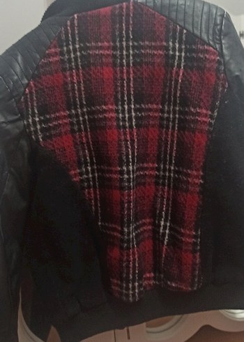 Bordo Ekoseli Deri Ceket - Görsel 6