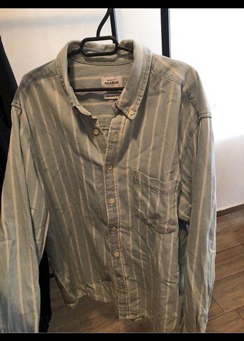 xl Beden mavi Renk Gri Çizgili Denim Kot Erkek Gömlek