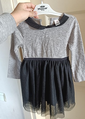 Uzun Kollu Gri ve Siyah Kız Çocuk Elbise - Görsel 5