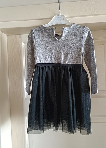 Uzun Kollu Gri ve Siyah Kız Çocuk Elbise - Görsel 2