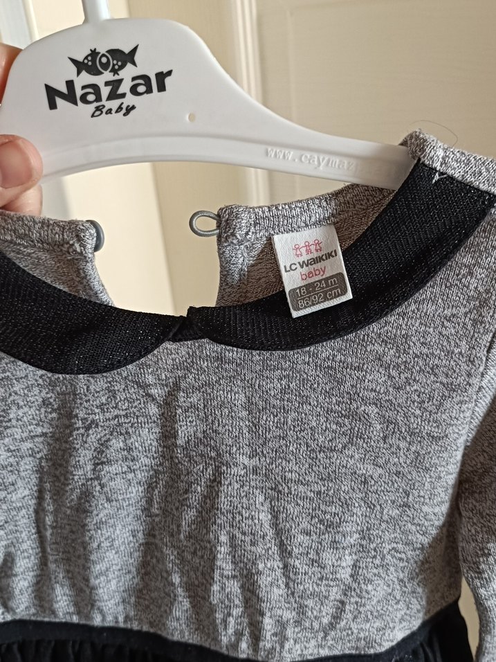 Uzun Kollu Gri ve Siyah Kız Çocuk Elbise - Görsel 4