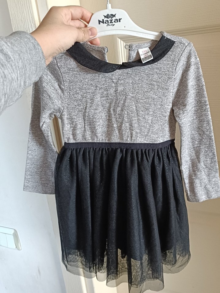 Uzun Kollu Gri ve Siyah Kız Çocuk Elbise - Görsel 5