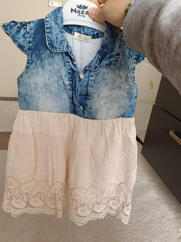 Kız Çocuk Denim ve Dantel Bohem Elbise - Görsel 3