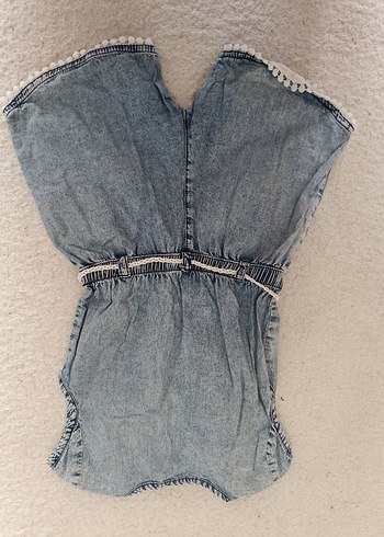 Kız Çocuk Gri Nakışlı Denim Tulum - Görsel 3