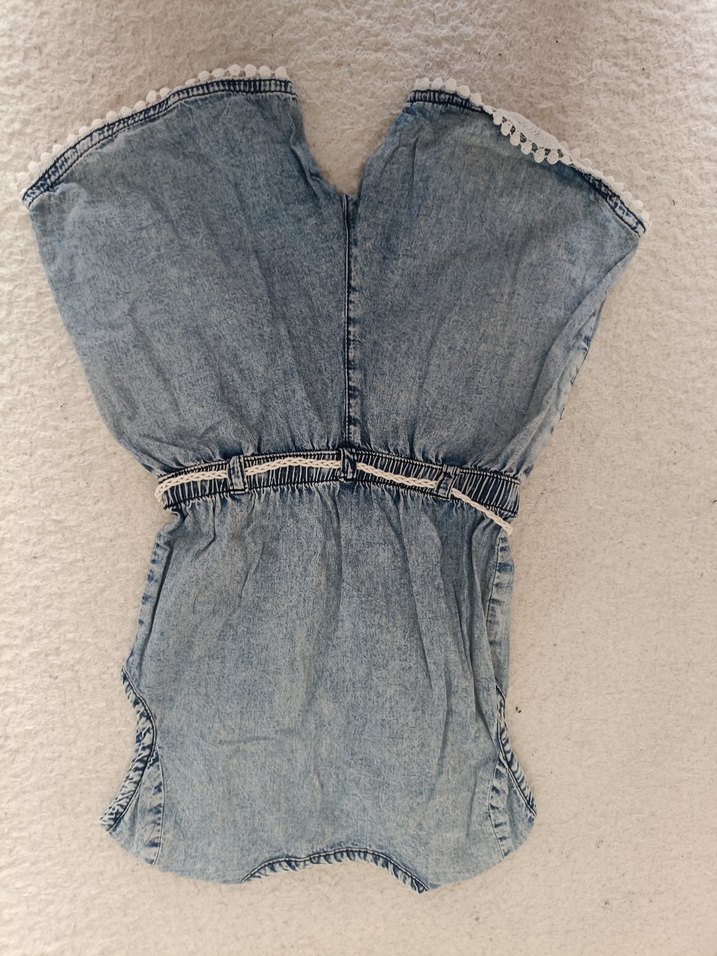 Kız Çocuk Gri Nakışlı Denim Tulum - Görsel 3