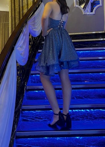 Mavi Parlak Simli Mini Abiye Elbise - Görsel 2