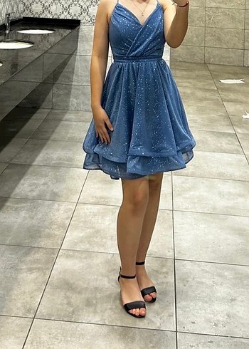 Mavi Parlak Simli Mini Abiye Elbise - Görsel 3
