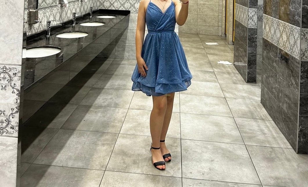 Mavi Parlak Simli Mini Abiye Elbise - Görsel 3