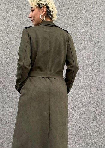 Diğer Haki Süet Kadın Trençkot Kemerli Uzun