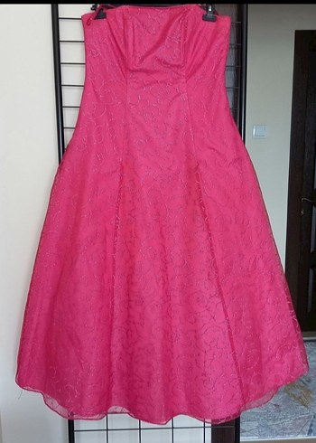 Fuşya Uzun Drapeli Straplez Kadın Abiye - Görsel 4