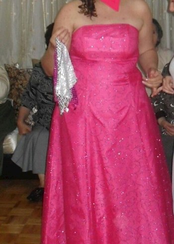 Fuşya Uzun Drapeli Straplez Kadın Abiye - Görsel 3