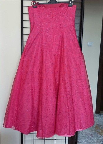 Fuşya Uzun Drapeli Straplez Kadın Abiye - Görsel 5