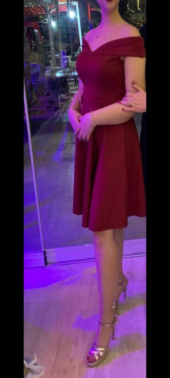 Bordo Midi V Yaka Drapeli Mini Elbise - Görsel 2