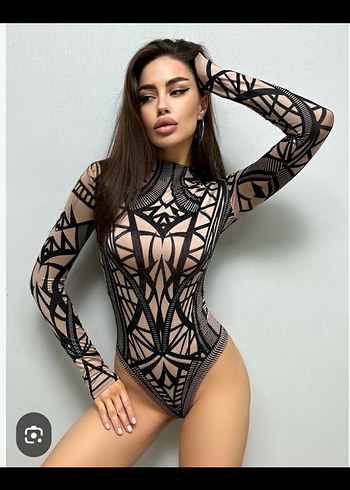 Sagaza Madrid Geometrik Desenli Siyah Transparan Bodysuit
