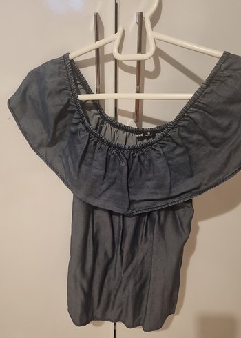 38 Beden gri Renk Lacivert, 38, Denim tensel kumaş carmen yaka şık Bluz Volanlı