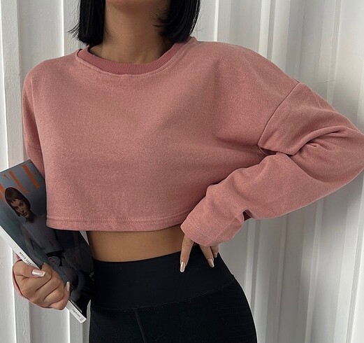 Basic Crop Sweatshirt Şardonlu Pembe