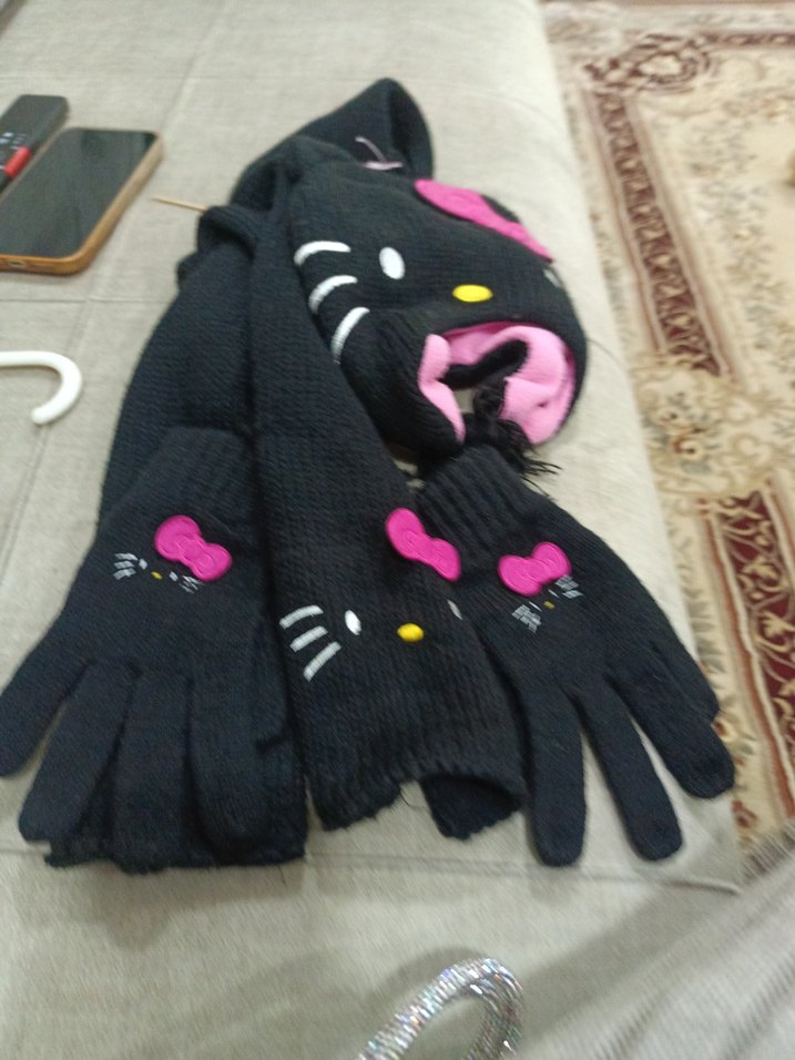 C1 Çocuk Siyah Nakışlı Örgü Eldiven ve Bere Seti - Görsel 2