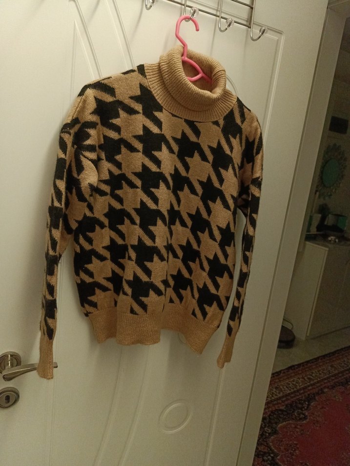 C1 Kahverengi Kazayağı Desenli Kadın Triko Kazak60 - Görsel 3