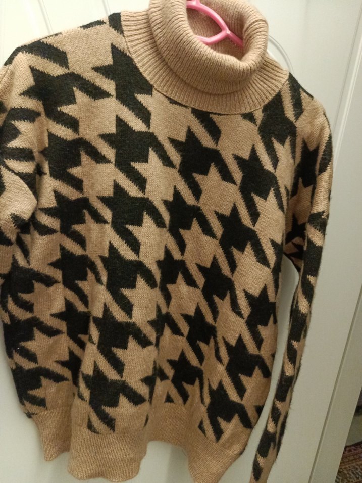 C1 Kahverengi Kazayağı Desenli Kadın Triko Kazak60 - Görsel 2