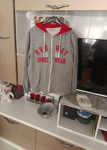 l Beden gri Renk Kapüşonlu Fermuarlı Gri Spor Sweatshirt