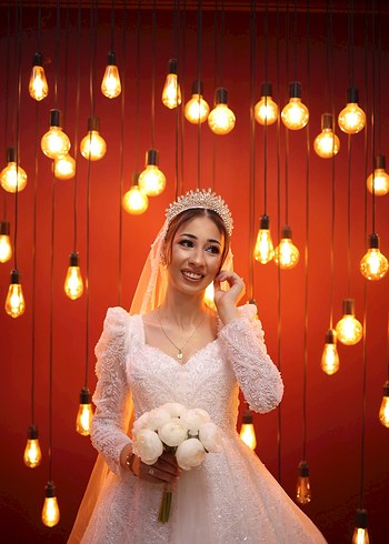 Uzun Kollu Beyaz A Kesim Gelinlik - Görsel 9