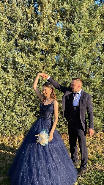 Lacivert Nişanlık  kınalık tarlatanlı askılı kabarık abiye taş i - Görsel 5