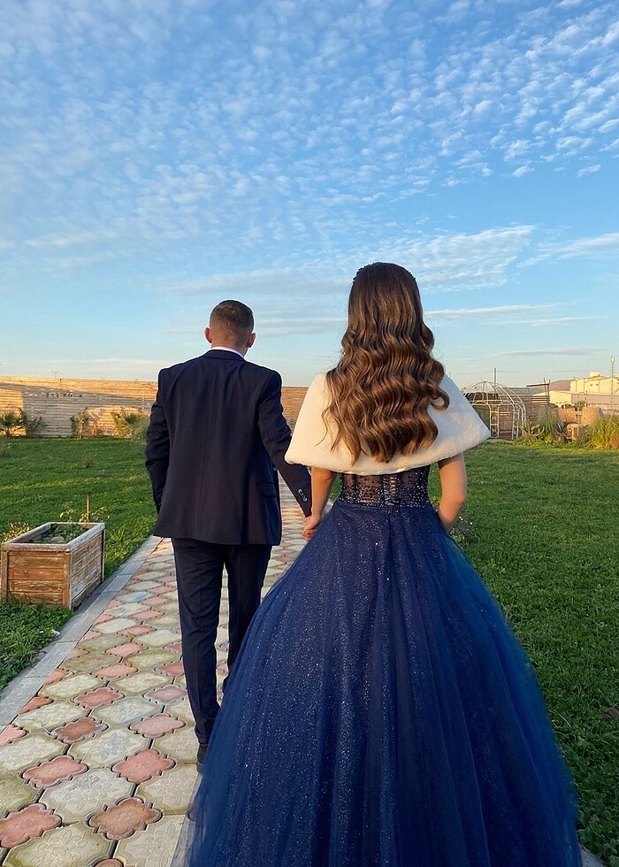 Lacivert Nişanlık  kınalık tarlatanlı askılı kabarık abiye taş i - Görsel 3