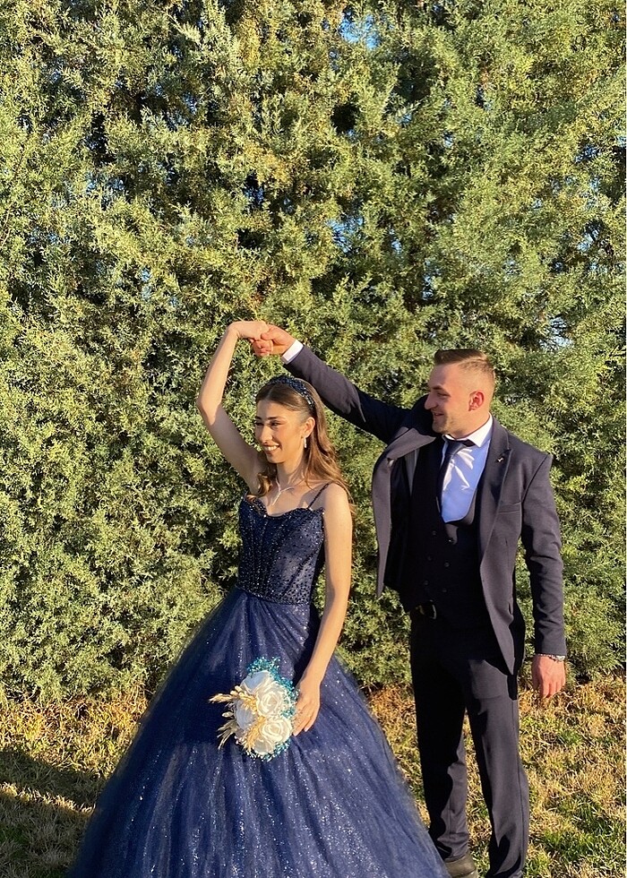 Lacivert Nişanlık  kınalık tarlatanlı askılı kabarık abiye taş i - Görsel 5