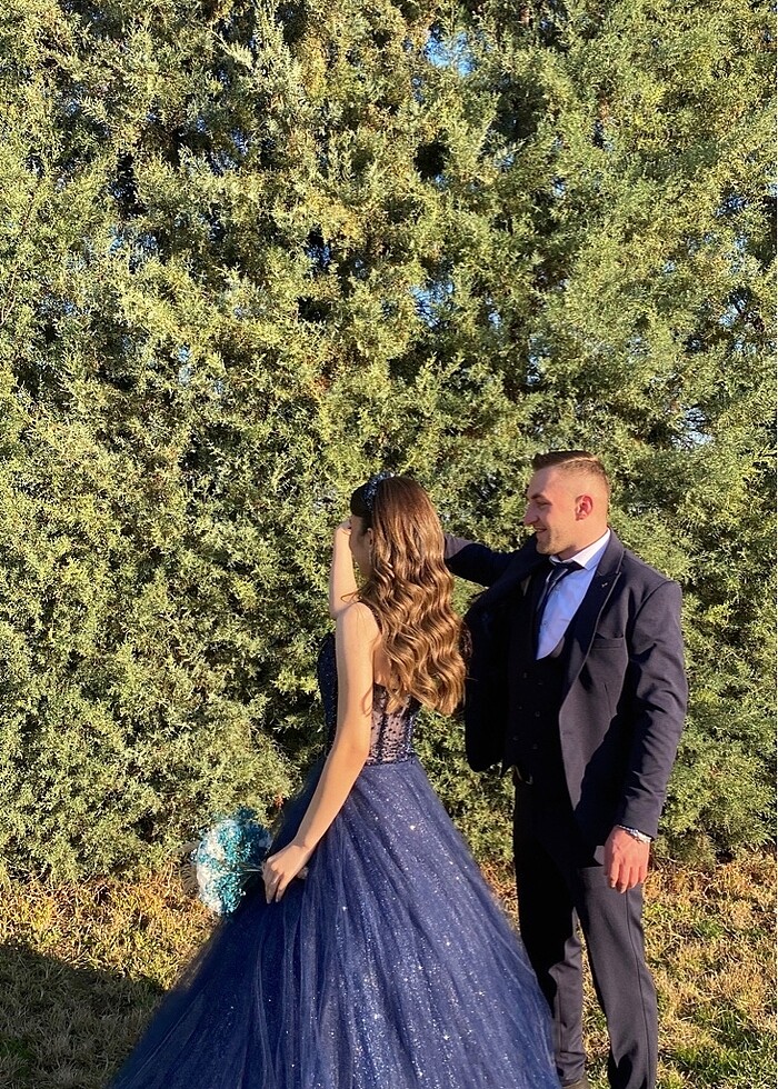 Lacivert Nişanlık  kınalık tarlatanlı askılı kabarık abiye taş i - Görsel 4