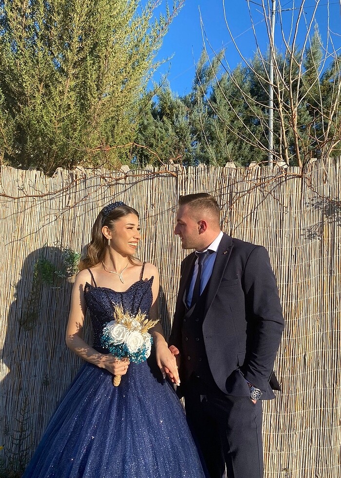 Lacivert Nişanlık  kınalık tarlatanlı askılı kabarık abiye taş i - Görsel 2