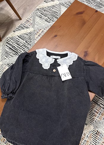 Kız Çocuk Siyah Denim Elbise Dantel Yaka