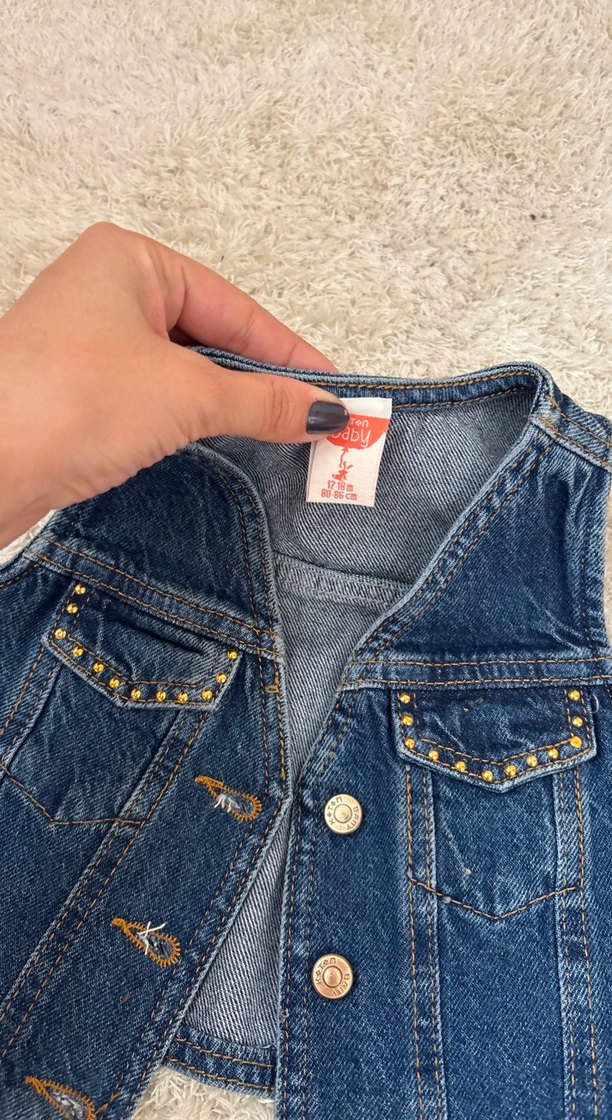 Koyu Mavi Kolsuz Nakışlı Kot Yelek - Görsel 2