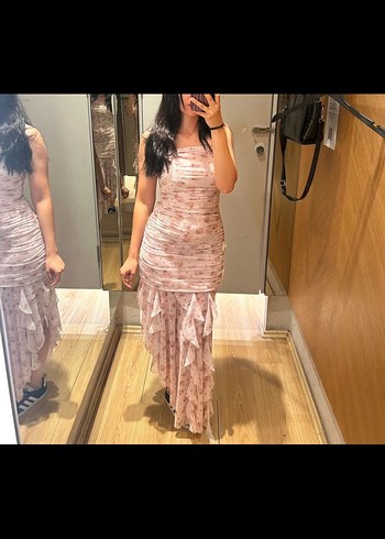 Pembe Straplez Uzun Drapeli Elbise - Görsel 4