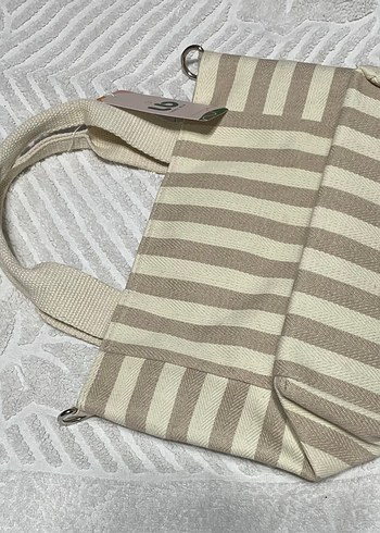 Bej Çizgili Keten Mini Tote Kadın Günlük Çanta - Görsel 4